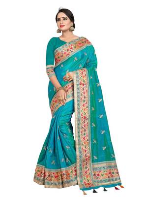Turquoise embroidered art silk saree with blouse 1