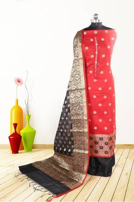 Women's red woven banarasi unstitched salwar with dupatta 1