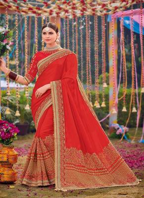   scarlet red embroidered silk saree with blouse 1