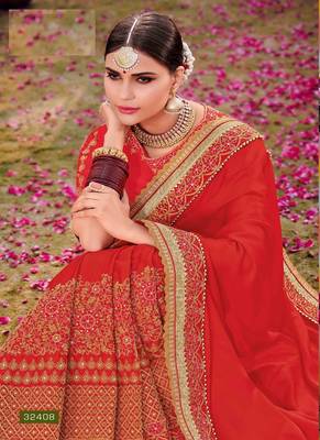   scarlet red embroidered silk saree with blouse 2