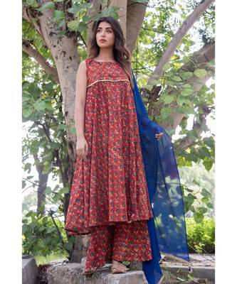 RED MARRON FLARED DRESS WITH PALAZZO WITH BLUE DUPATTA 1