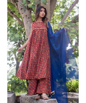 RED MARRON FLARED DRESS WITH PALAZZO WITH BLUE DUPATTA 2
