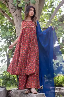 RED MARRON FLARED DRESS WITH PALAZZO WITH BLUE DUPATTA