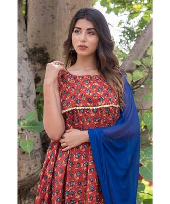 RED MARRON FLARED DRESS WITH PALAZZO WITH BLUE DUPATTA 3