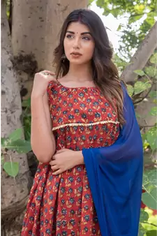 RED MARRON FLARED DRESS WITH PALAZZO WITH BLUE DUPATTA