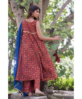 RED MARRON FLARED DRESS WITH PALAZZO WITH BLUE DUPATTA 4