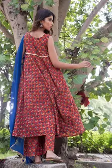 RED MARRON FLARED DRESS WITH PALAZZO WITH BLUE DUPATTA