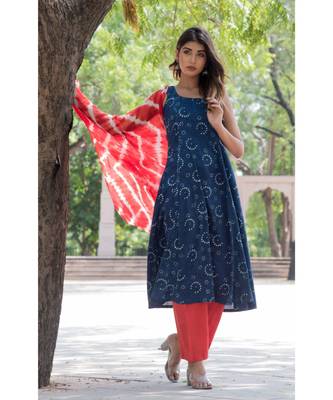 INDIGO BLUE KURTA PANT SET WITH LEHERIYA DUPATTA 1