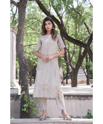 BEIGE MUTLTI STRIPED KURTA PANT SET 1