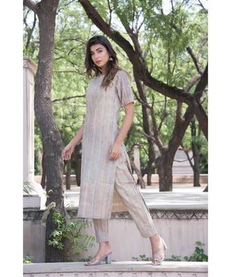 BEIGE MUTLTI STRIPED KURTA PANT SET 2