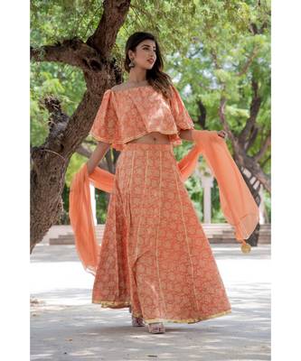 ORANGE LOTUS PRINT OFF SHOULDER TOP WITH GOTA SKIRT SET 1
