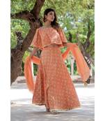 ORANGE LOTUS PRINT OFF SHOULDER TOP WITH GOTA SKIRT SET