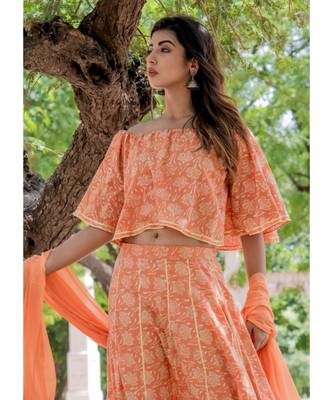 ORANGE LOTUS PRINT OFF SHOULDER TOP WITH GOTA SKIRT SET 2