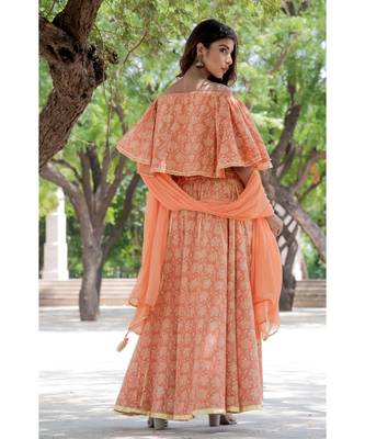 ORANGE LOTUS PRINT OFF SHOULDER TOP WITH GOTA SKIRT SET 3