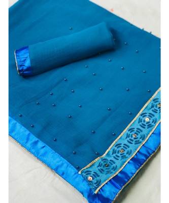 Blue Plain chiffon saree with blouse 1