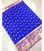 Blue woven banarasi cotton saree with blouse