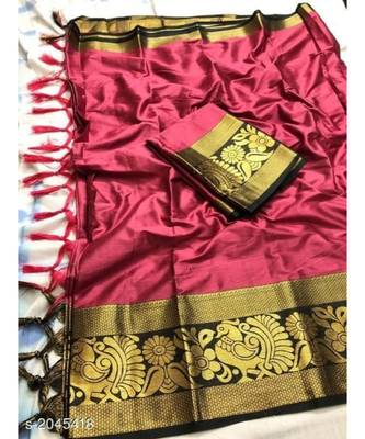 pink woven cotton saree with blouse 1