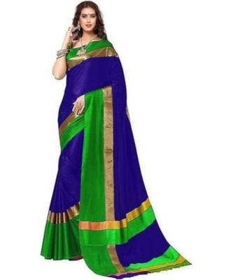 blue printed cotton silk saree with blouse 1