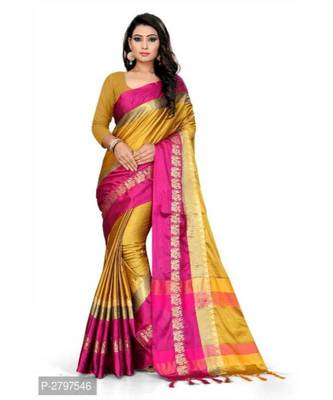 Yellow woven cotton saree with blouse 1