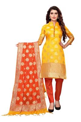 Women's yellow woven banarasi unstitched salwar with dupatta 1