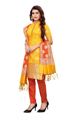 Women's yellow woven banarasi unstitched salwar with dupatta 3