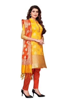 Women's yellow woven banarasi unstitched salwar with dupatta 4