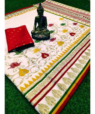 White printed cotton silk saree with blouse 1