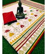 White printed cotton silk saree with blouse