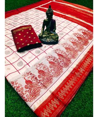 White printed cotton silk saree with blouse 1