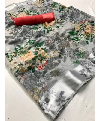 Grey printed cotton saree with blouse 1