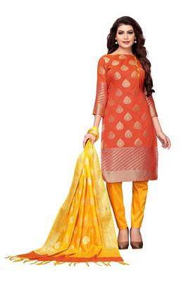 Women's orange woven banarasi unstitched salwar with dupatta 1