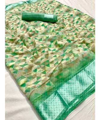 Green printed cotton saree with blouse 1