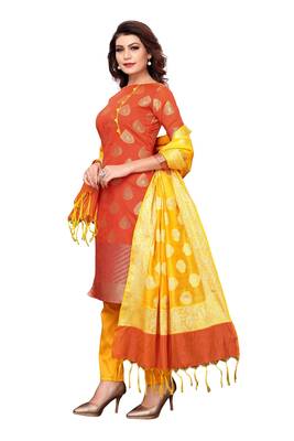 Women's orange woven banarasi unstitched salwar with dupatta 4