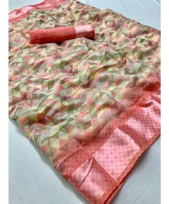 Peach printed cotton saree with blouse 1