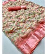 Peach printed cotton saree with blouse