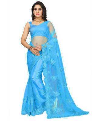 Blue embroidered net saree with blouse 1
