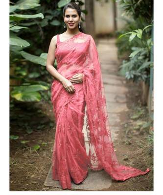 Peach woven net saree with blouse 1