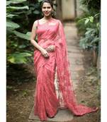 Peach woven net saree with blouse