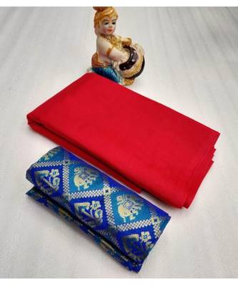 Red Plain silk blend saree with blouse 1