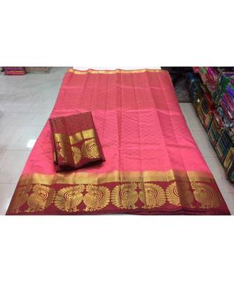 pink woven silk blend saree with blouse 1