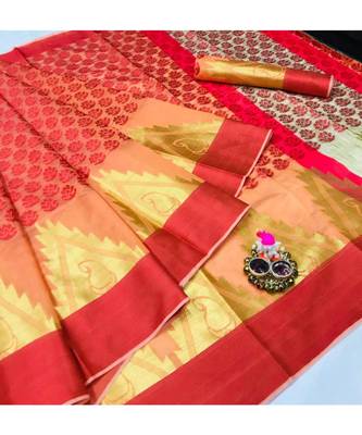 Red printed silk blend saree with blouse 1