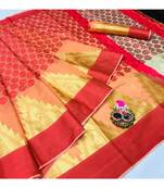 Red printed silk blend saree with blouse