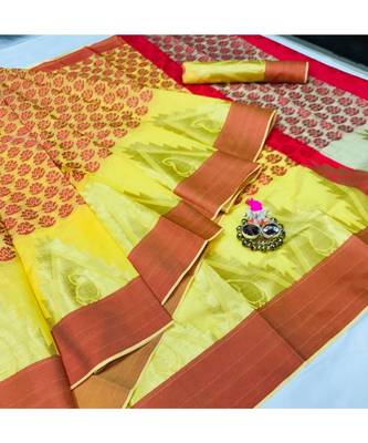Orange printed silk blend saree with blouse 1