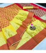 Orange printed silk blend saree with blouse