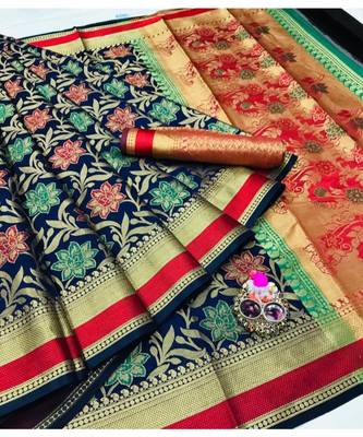 Blue woven silk blend saree with blouse 1