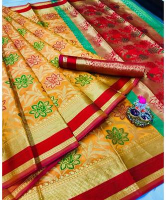 Yellow woven silk blend saree with blouse 1