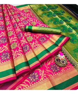 Pink woven silk blend saree with blouse 1