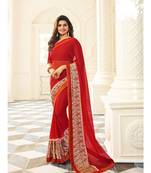 Red printed silk blend saree with blouse