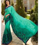 Blue printed silk blend saree with blouse