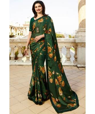 dark green printed silk blend saree with blouse 1